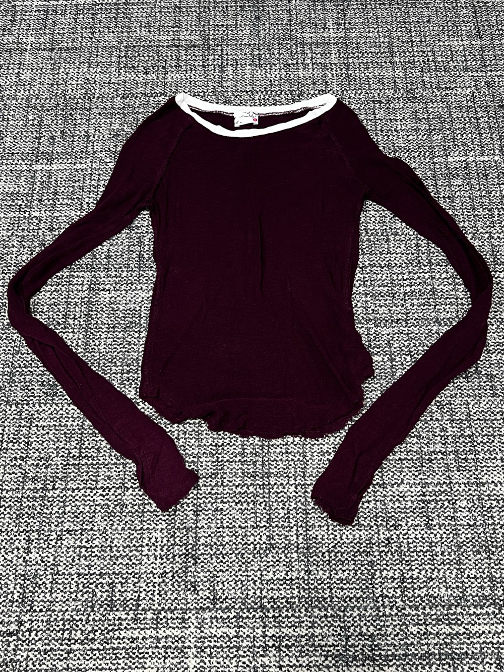 Free People Maroon Long Sleeve Crewneck Top with White Trim